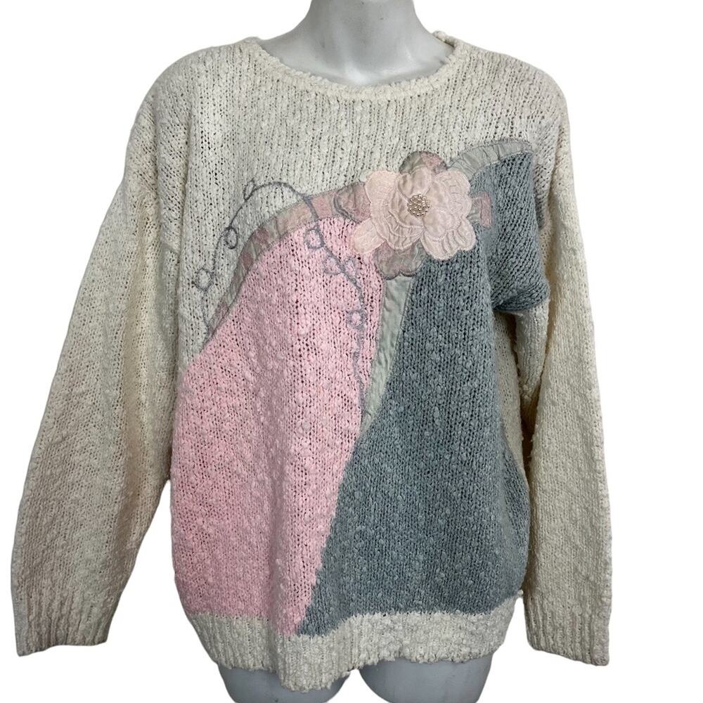 SHERIDAN SQUARE Chunky Vintage Pullover Embroidered Sweater Pink Gray White sz M